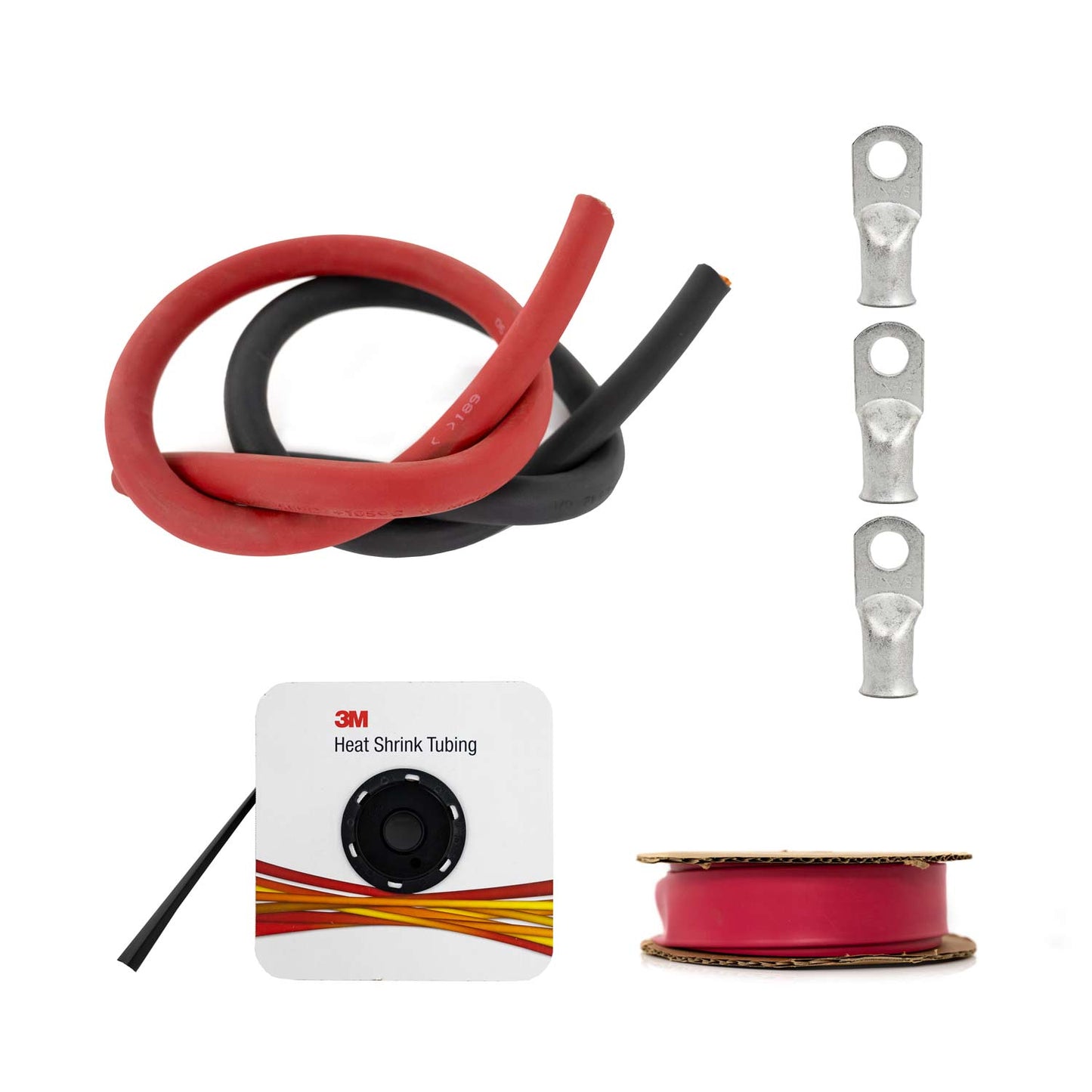 Two Pre-cut Black and Red Cable, One Pre-cut Red Shrink Tubing, One Pre-cut Black Shrink Tubing, Three 3/8" Ring Lugs