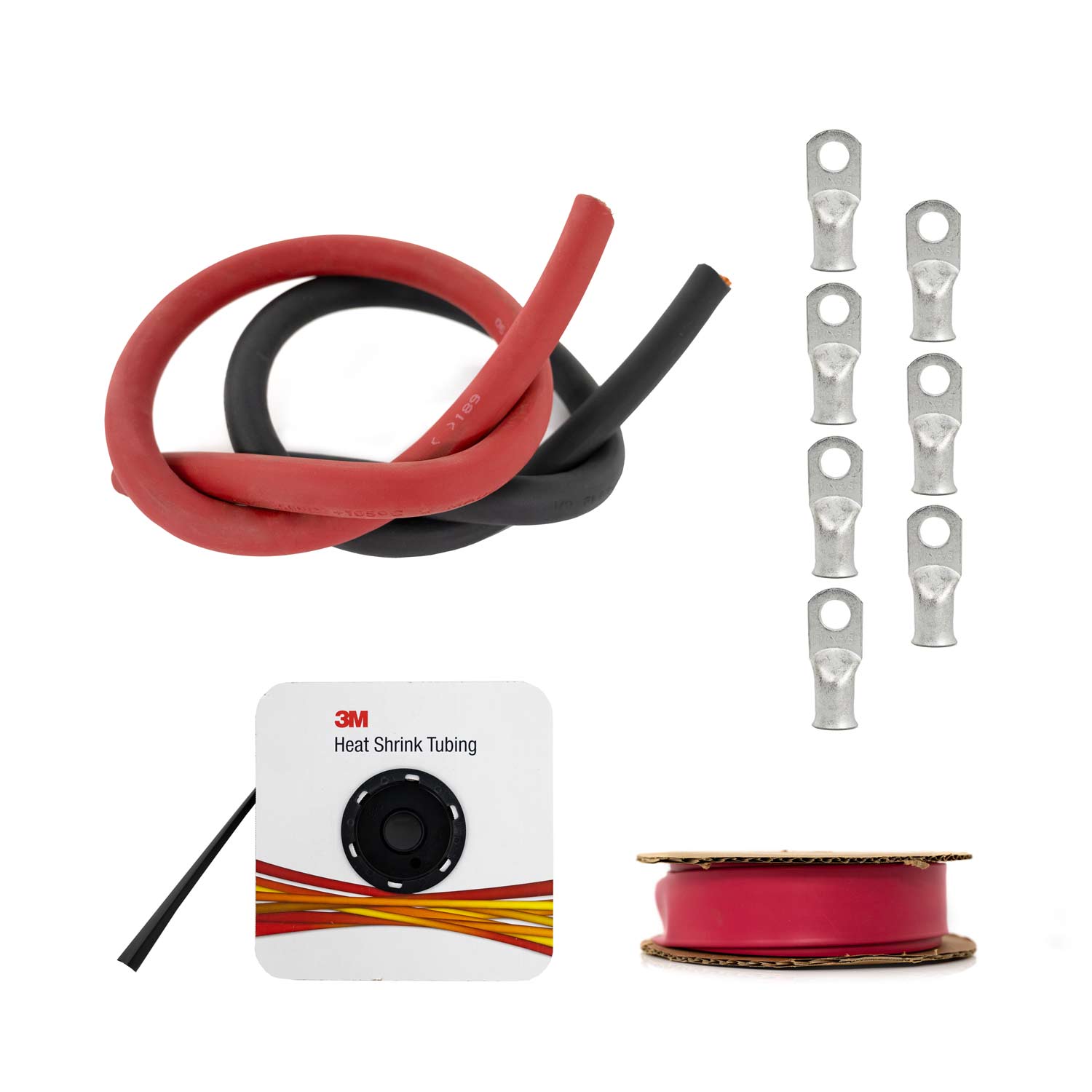 Two Pre-cut Black and Red Cable, One Pre-cut Red Shrink Tubing, One Pre-cut Black Shrink Tubing, Seven 3/8" Ring Lugs