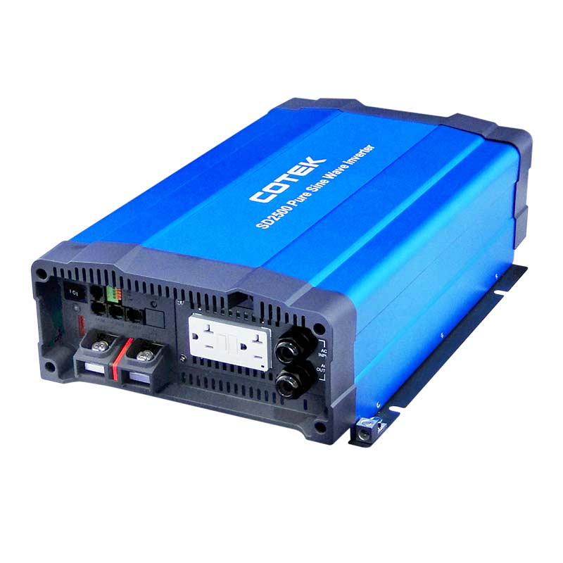 Angled Front View Cotek SD2500 12VDC to 115VAC, GFCI and Hardwire Output, (2500W) Pure Sine Wave Inverter