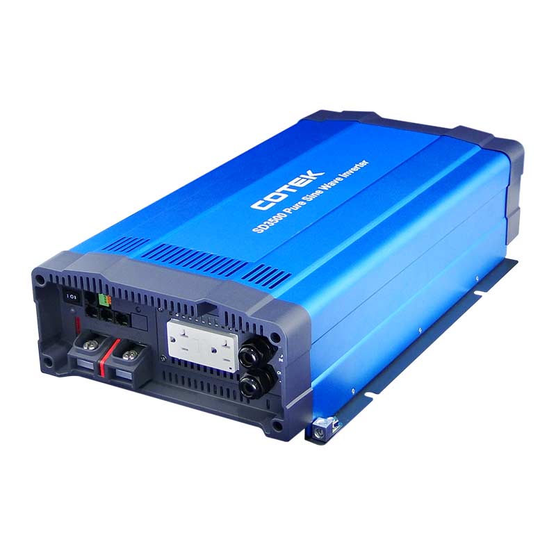 Angled Front View Cotek SD3500 12VDC to 115VAC, GFCI and Hardwire Output, (3500W) Pure Sine Wave Inverter
